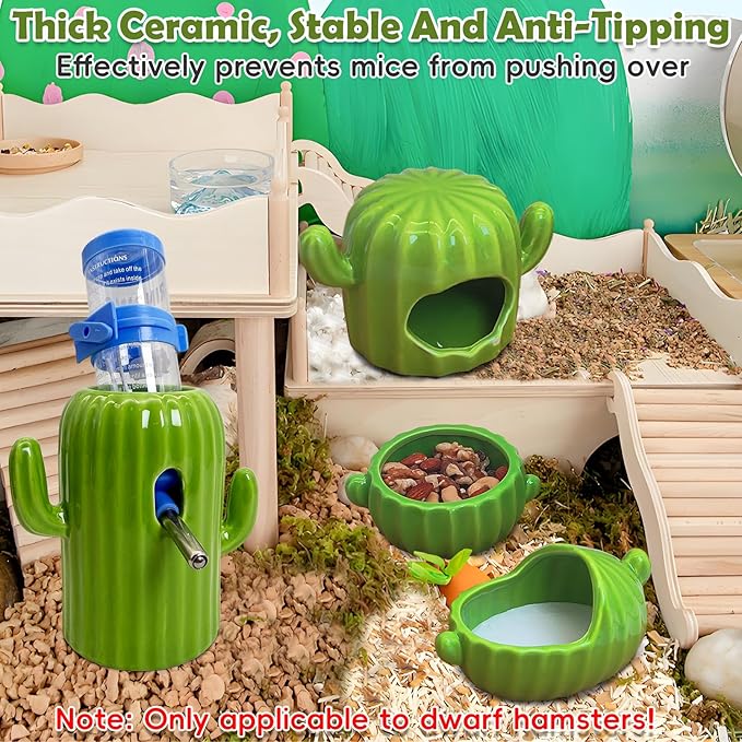 PINVNBY Ceramic Hamsters Hideout, Cactus Ceramic Dwarf Hideout, Hamster Water Bottle, Sand Bath, Food Bowl & 125ML Water Bottle Holder for Dwarf Hamster Cage Accessories