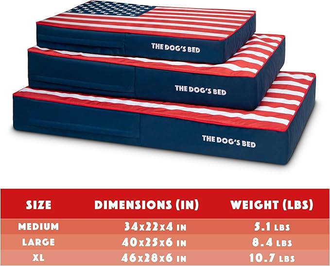 The Dog’s Bed Orthopedic Memory Foam Dog Bed for Medium Dogs, Waterproof Washable Cover, Anti-Slip Base, Calming Surface – CertiPUR-Certified Foam, Blue with Red Trim USA Center Flag, 4 Inch Thick