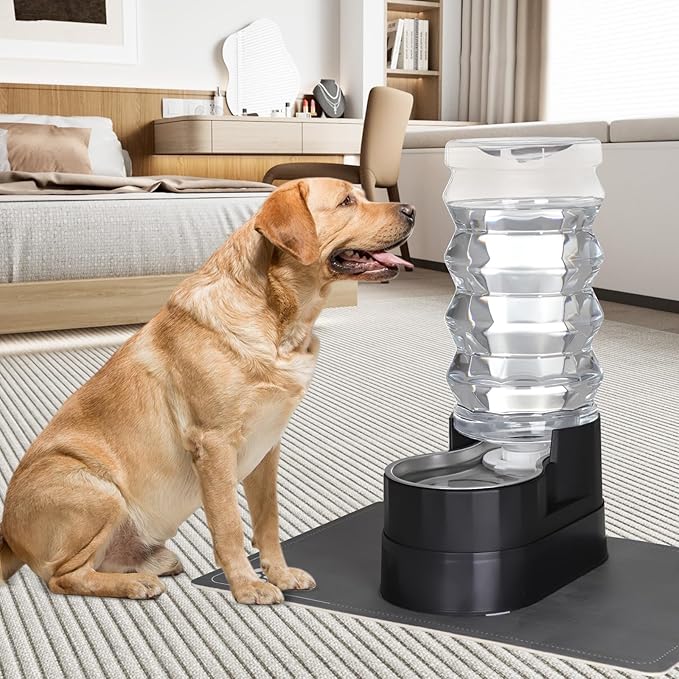 RIZZARI Automatic Dog Water Dispenser: Ion Exchange & Carbon Filtration -Supports Spine Health in Senior Dogs- Spill-Resistant 9L Black Gravity Waterer with 2 Filters&Caps - Ideal for Multi-Dog Homes