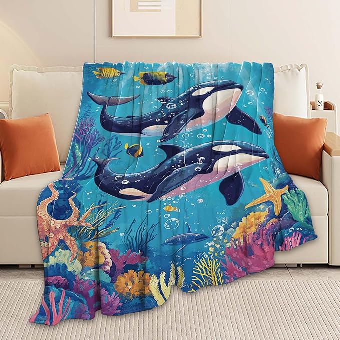 Whale Throw Blanket Ocean Whale Stuff Gifts for Kids Girls Boys Adults Women Man Soft Cozy Warm Plush Fluffy Fuzzy Fleece Blanket Decor 60''X80''