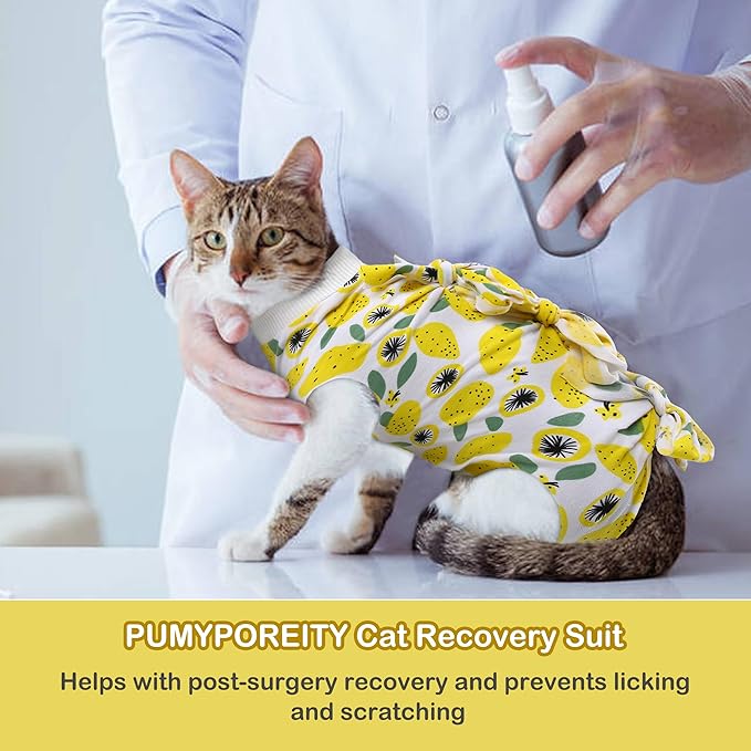 PUMYPOREITY Cat Recovery Suit - Female Kitten Onesie for Neutered/Abdominal Wound/Skin Damage/Weaning, Yellow, XS