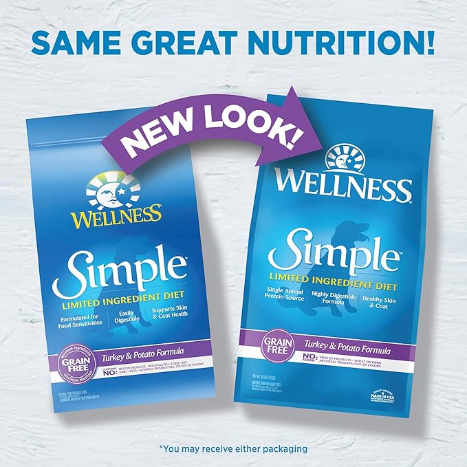 Wellness Simple Limited Ingredient Dry Dog Food for Sensitive Stomachs, Supports Skin & Coat, Grain-Free, Natural, Turkey & Potatoe Recipe, (26-Pound Bag)