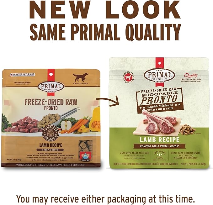 Primal Freeze Dried Dog Food, Pronto Mini Nuggets, Lamb; Scoop & Serve, Complete & Balanced Meal; Also Use as Topper or Treat; Premium, Healthy, Grain Free, High Protein Raw Dog Food 16 oz (Pack of 2)