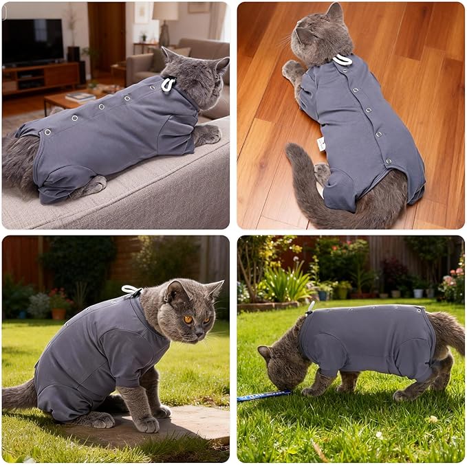 Dotoner Cat Recovery Suit After Surgery Spay Recovery Suit for Female Cats Soft Protective Clothing E-Collar Alternative for Wound Care Post Surgery Apparel(Grey-L)