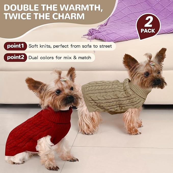 2 Pack Dog Sweaters for Small Dogs Winter Turtleneck Pullover Cable Knit Fleece Stretch Puppy Doggie Chihuahua Toy Poodle Yorkie Pomeranian Boy Girl Pet Clothes (XS, Red & Brown)