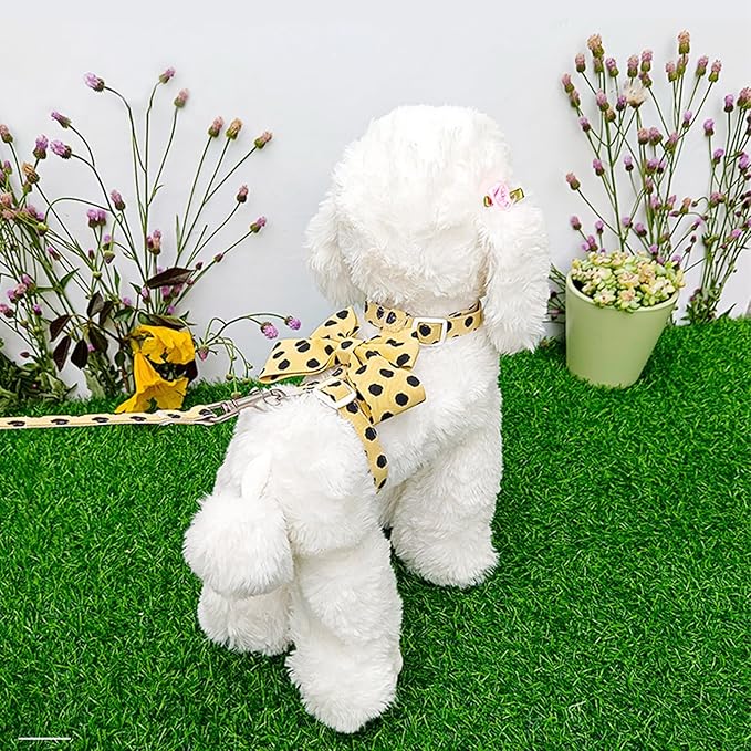 Cat Harness and Leash Set, Sweet Bow Kitten Collar, Escape Proof Extra Small Dog Harness, Cute Polka Dot Print Puppy Collar, Dog Leash for Boy Girl Small Dogs Kittens Outdoor Walking (Yellow, S)