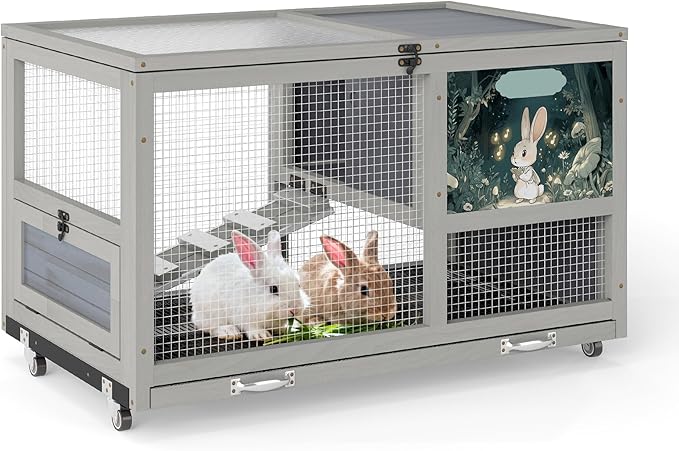 COZIWOW 36.5-Inch Double-Decker Wooden Insulated Rabbit Hutch with Wheels, Heated Rabbit Cage Featuring A Cleaning Tray and Ladder—Stylish&Easy to Assemble（Orange&Air Purifier）