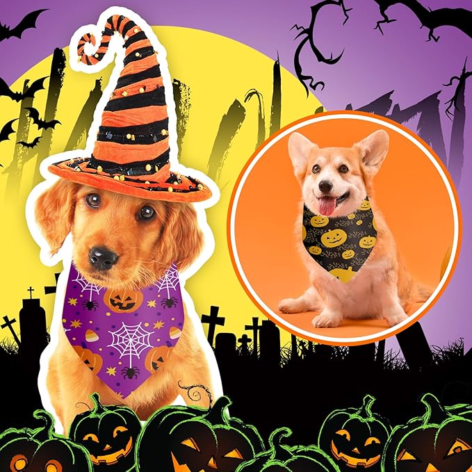 Shyyween 100 Pieces Halloween Dog Bandanas Bulk Pumpkin Ghost Bandanas for Dogs Soft Triangle Bibs Adjustable Triangle for Small Medium Large Pets Halloween Party Costume