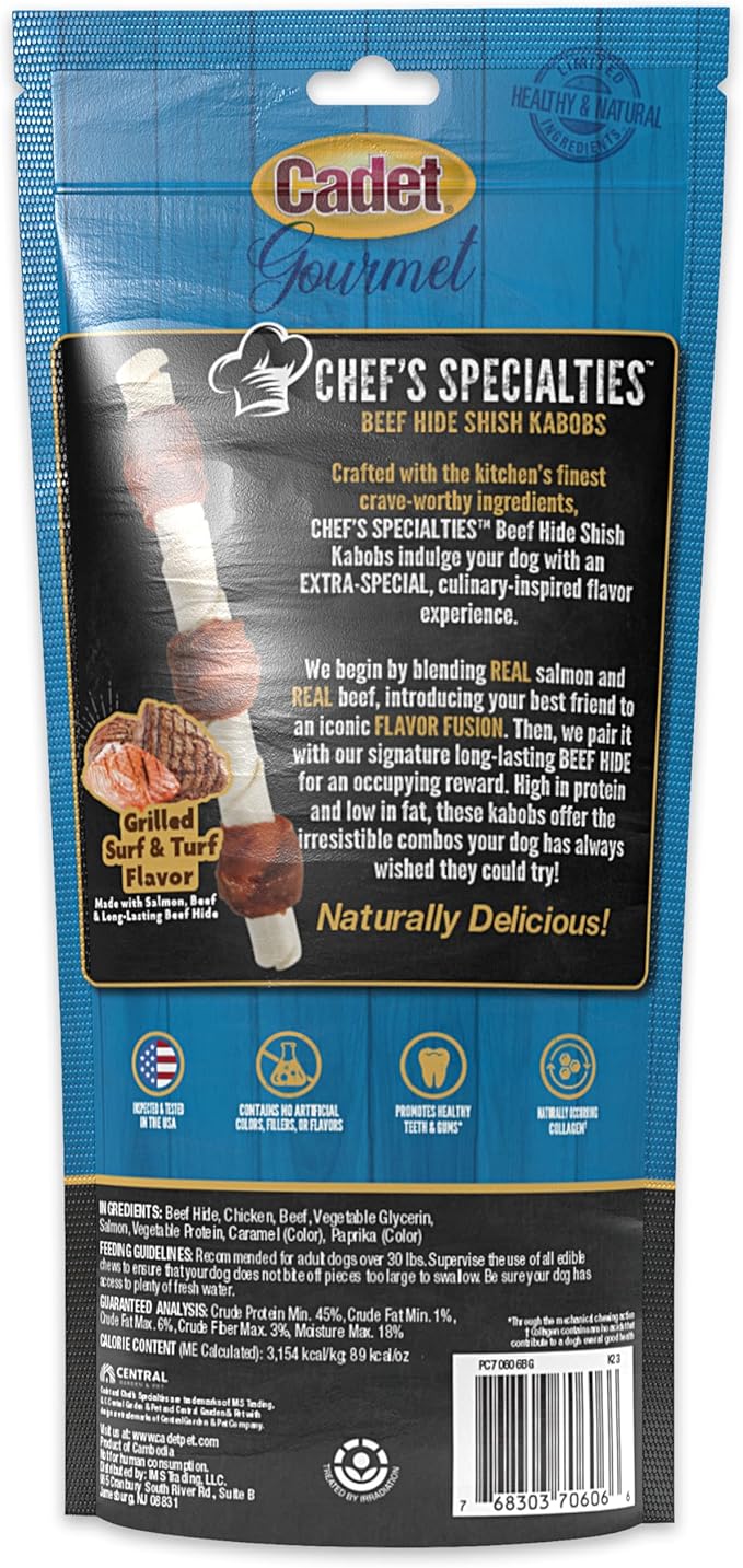 Cadet Chef's Specialties Natural Rawhide Shish Kabob Chew Sticks, Grilled Surf & Turf Flavor, Healthy Dog Treats for Large Breeds, 3 Count