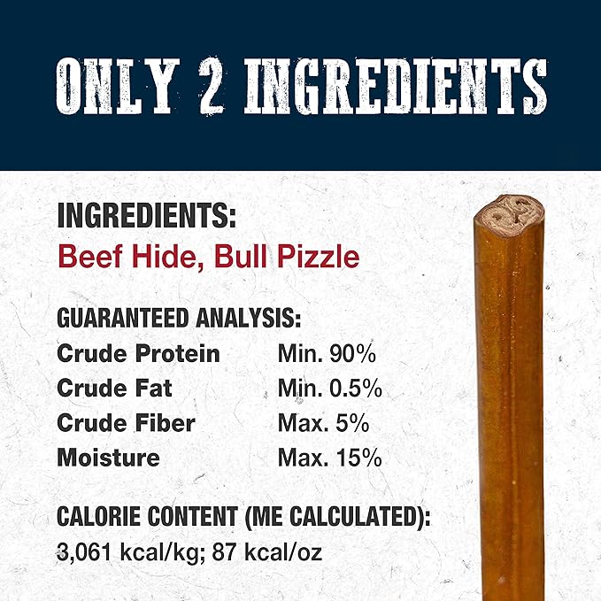 Cadet Bully Hide Sticks for Large Dogs, All-Natural Beef Pizzle, Limited-Ingredient Long-Lasting Dog Chews for Aggressive Chewers, 2 Count