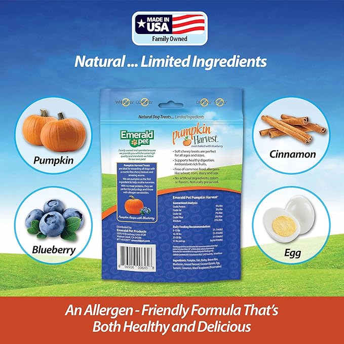 Emerald Pet Pumpkin Harvest Dog Treats - Low-Fat Chewy Natural Dog Treats with Pumpkin for Digestive Health - Meat Free, Poultry Free, Wheat Free - Blueberry, 6 oz