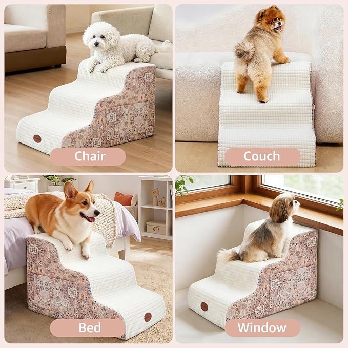 Woochpet 15.7” H Ramp Dog Stairs for Small Dogs, Printed Fabric 3 Tier Wider Curved Pet Stairs for Couch and Beds，Non-Slip Bottom for Old Cats with High-Density Foam and Washable Cover