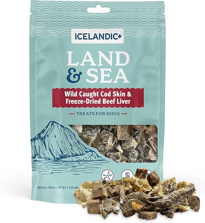 Icelandic+ Land & Sea: Wild Caught Cod Skin & Freeze-Dried Beef Liver - 2.4oz Bag, Dog Treat & Food Topper, 2 Ingredients, No Preservatives, Natural (Pack of 2)