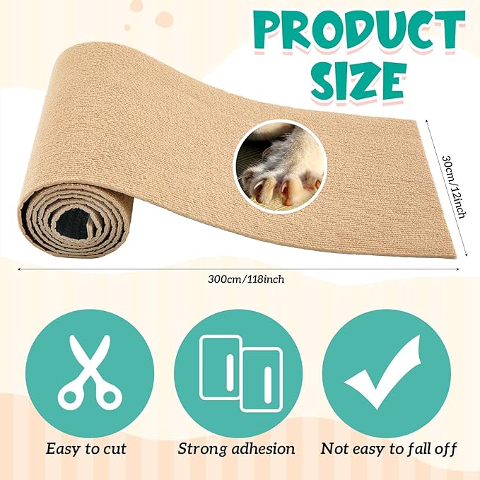 Rabbit Scratch Mat 12 Inch X 9.84 ft Self Adhesive Bunny Scratching Pad Cuttable Claw and Teeth Care Rabbit Mat for Cage Small Animal Scratching Rug for Biting Sleeping Nesting (Khaki)