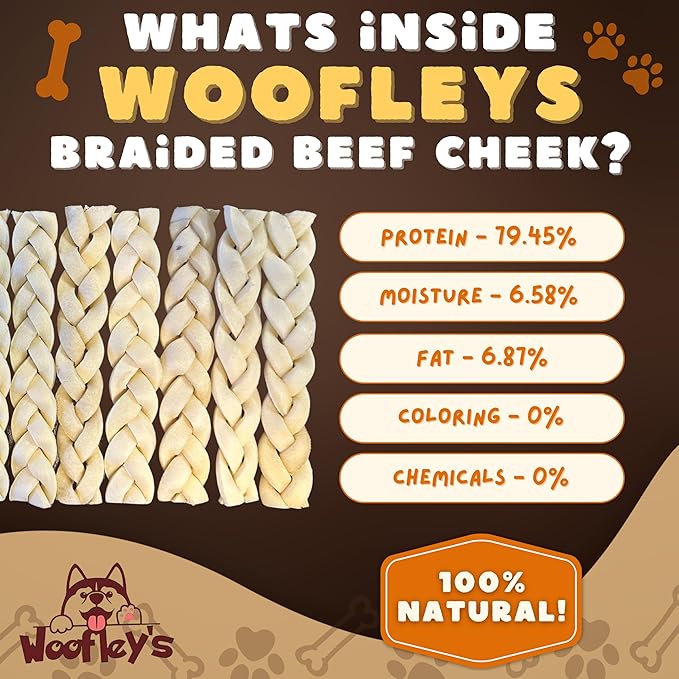 Woofley's 6" Buffalo Beef Cheek Braids Regular - (100 Count)- Beef Cheek Dog Chews - No Hide Bones for Dogs