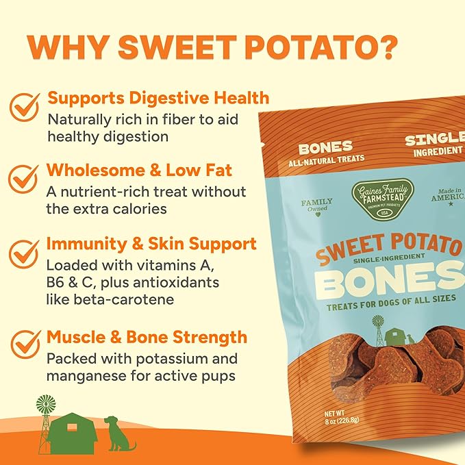 Gaines Family Farmstead Sweet Potato Dog Bones 4 Pack – 32 oz Bags, All-Natural, Single Ingredient, Grain-Free Dog Treats for Digestive Health, Training & Rewards – High-Fiber, Made in USA