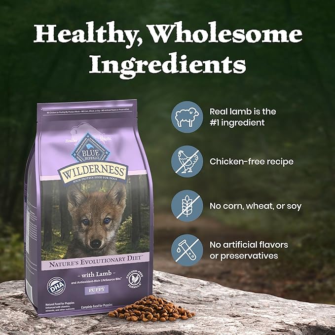 Blue Buffalo Wilderness 37 g Protein, Meat Rich Natural Puppy Dry Dog Food, Lamb, Chicken-Free Formula, 4.5lb Bag