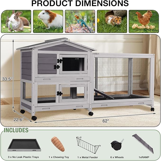 62″ 2-Story Large Rabbit Hutch, Indoor & Outdoor Bunny Cage with Chew-Proof Ramp, 3 Leakproof Pull-Out Trays, Waterproof Roof, 6 Lockable Wheels, for Rabbits & Guinea Pigs