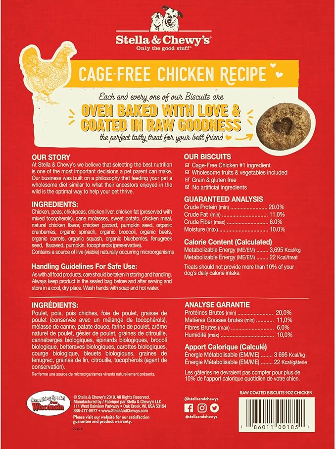 Stella & Chewy's Freeze-Dried Raw Coated Dog Biscuits – Cage-Free Chicken Recipe – Protein Rich, Grain Free Dog & Puppy Treat – Great Snack for Training & Rewarding – 9 oz Bag