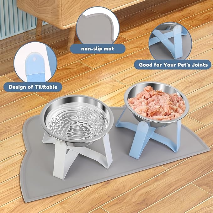2 Pack Raised Cat Bowls Holder with Non-Slip Mat Stainless Steel Cat Feeder Elevated Pet Water Food Bowls for Cats Puppies Rabbits (White & Blue)