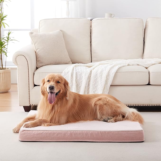 WATANIYA PET Memory Foam Large Dog Bed, Orthopedic Dog Crate Bed with Cooling Gel Foam, Waterproof Liner and Washable Cover, Joint Relief Pet Sleeping Bed for Medium Large Dogs (Pink)