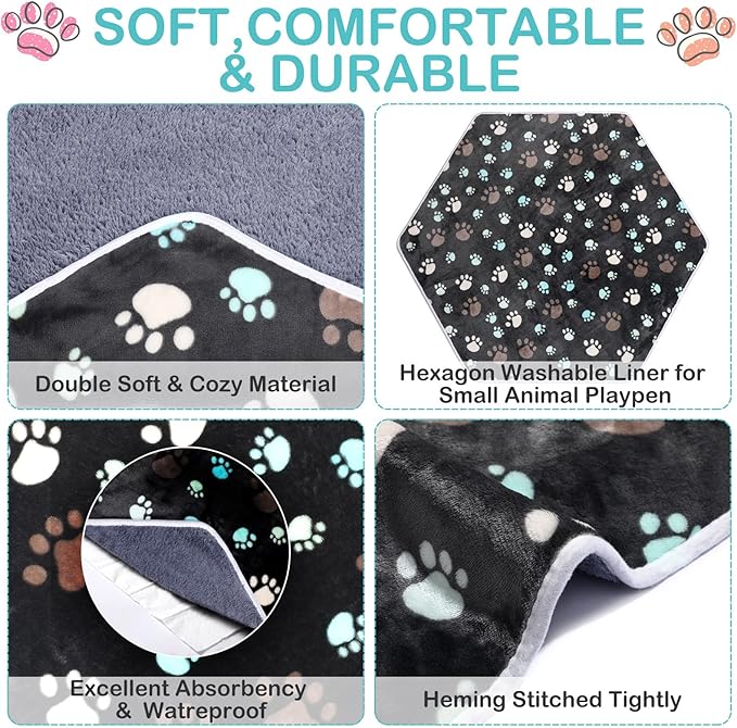 Preboun 4 Pcs 47 in Guinea Pig Playpen Pad Waterproof Hexagon Mat Reusable Dog Playpen Liner for Small Animal Rabbit Cage Tent Pee Pad Washable Yard Fence(Black Paw)