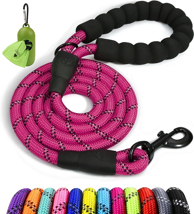 Taglory Rope Dog Leash 5 FT with Comfortable Padded Handle, Highly Reflective Threads Leash and Anti-Tangle Clip for Walking Small Dogs, 3/8 inch, Hotpink