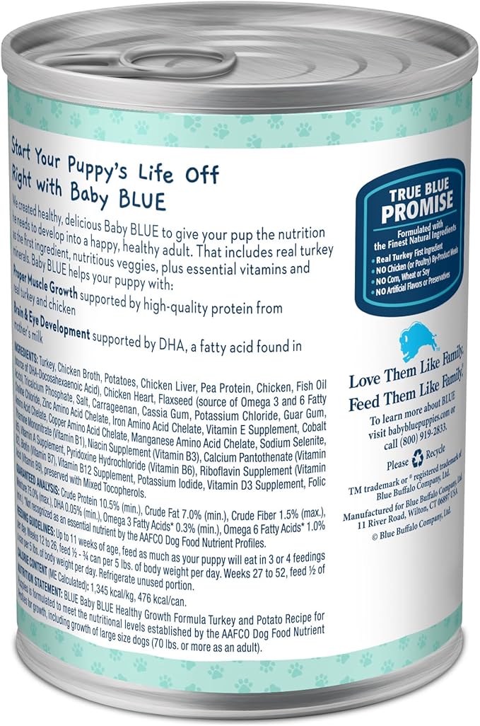 Blue Buffalo Baby Blue Natural Wet Food for Puppies, Healthy Growth Formula with DHA, Turkey & Vegetable Recipe, 12.5-oz. Can