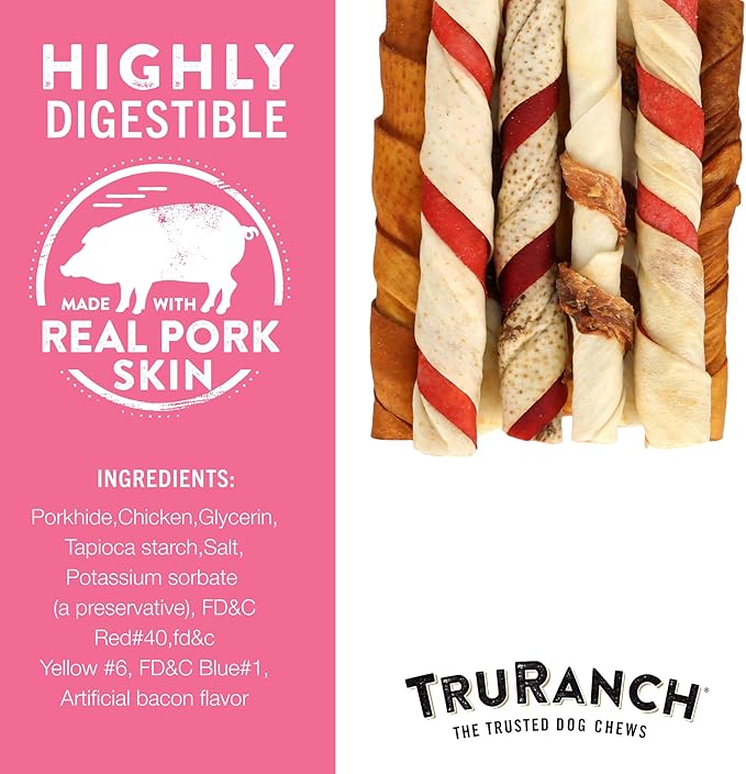 TRURANCH 6" Pork Skin Twists - Collagen Chews for Dogs - Assorted Flavors - Made with Real Pork Skin - Rawhide Alternative - Limited Ingredient - Easy to Digest Treat, 1 Bag, 9 Count