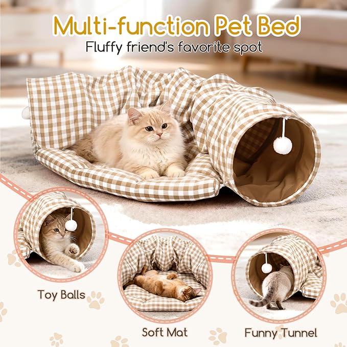Bunny Tunnel Bed, 2-in-1 Collapsible Tunnel Tubes with Removable Cushion Bed, Cozy Bunny Hideout Rabbit Tunnel Tube Toys for Cats Kittens Rabbits Small Animals