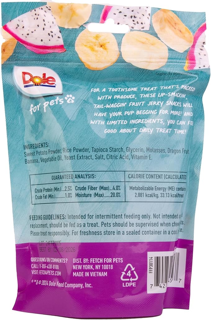 Dole for Pets Fruit Jerky Bites Dog Treats, Banana and Dragon Fruit Flavor, Chewy Treats Flavored with Real Fruit, No Wheat, Corn, Soy, Artificial Flavors, Colors, or Preservatives, 6 Oz