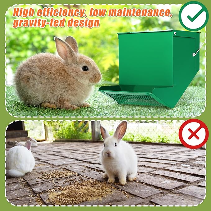 Maxcheck 2 Pcs Rabbit Feeder for Cages Small Animal Food Pellet Dispenser with Lid Metal Chicken Grit Oyster Shell Squirrel Feeders Outside(7.7 Inches,Mesh Bottom,Green)