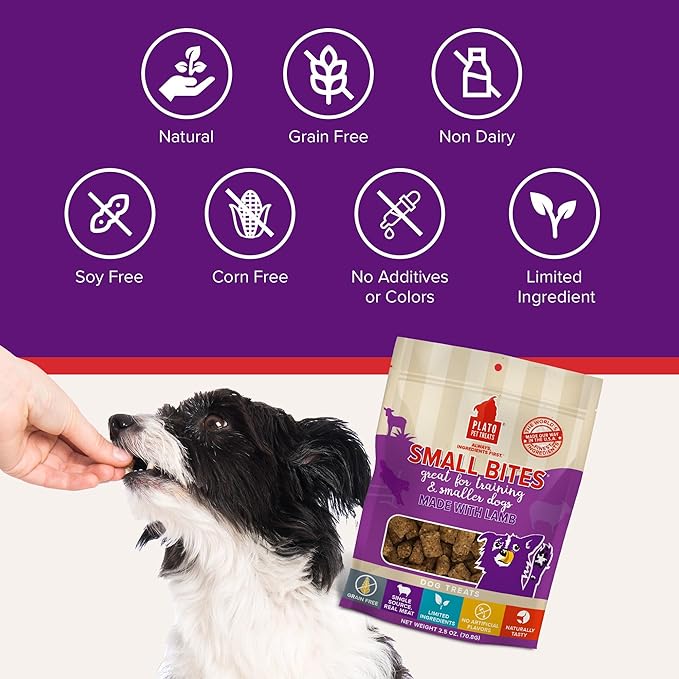 Plato Pet Treats Small Bites - Air-Dried Training Treats for Dogs - Supports Healthy Digestion - Limited Ingredients - Lamb 6oz