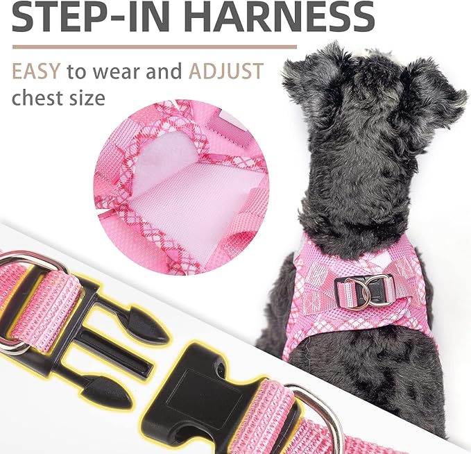 PUPTECK Dog Harness and Leash Set for Small Medium Dogs No Pull Step-in Soft Mesh Puppy Cat Vest Harnesses Reflective at Night, Pink L