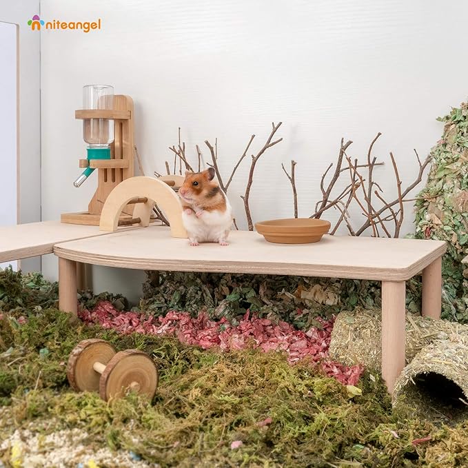 Niteangel Hamster Play Wooden Platform for Food Bowl Drinking Bottle and Other cage Accessories (Wave - 7" Height)
