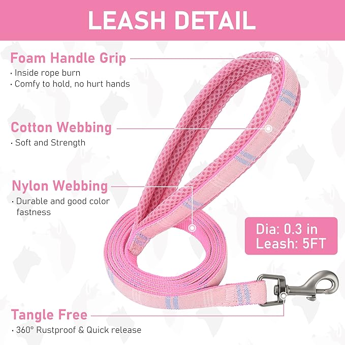GAMUDA Small Dog Harness Collar and Leash Set, Step in No Chock No Pull Soft Mesh Adjustable Dog Vest Harnesses Plaid Reflective for Dogs Puppy Cats Kitten Rabbit (Pink, S)