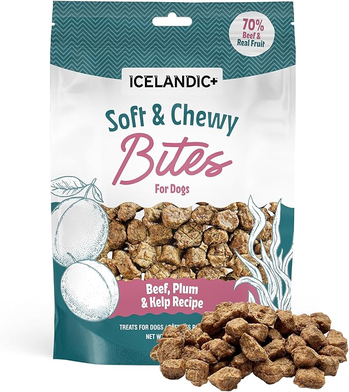 Icelandic+ Soft & Chewy Bites - Beef, Plum & Kelp - 2.8oz Dog Treats, 70% Meat & Fruit, Air-Dried, Limited Ingredients, Pet Snack, Grain Free