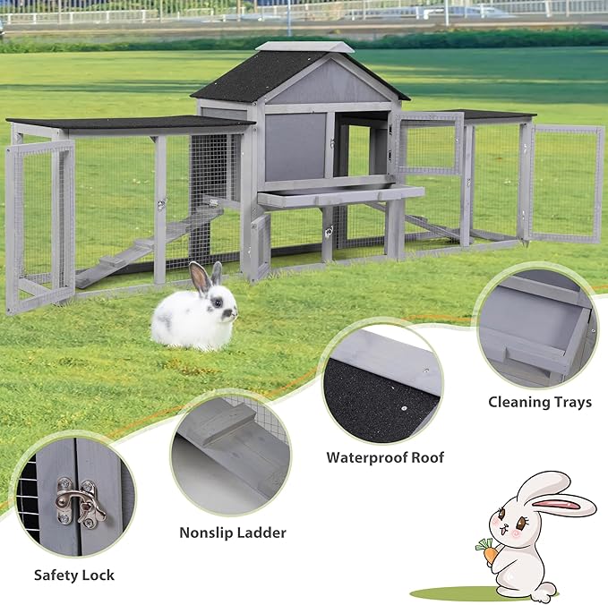 COZIWOW 2 Story 83”Wood Assembled Rabbit Hutch Indoor&Outdoor Bunny Cage with Double Runs and Weatherproof Roof, Guinea Pig Pet House for Small Animals（Gray）