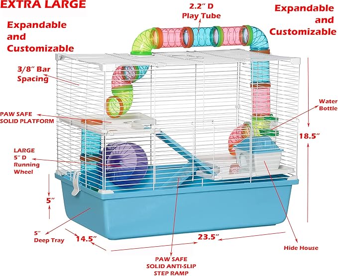 Extra Large Multi-Floors Expandable and Customizable Hamster Mansion Mouse Habitat Gerbil Home Rat House Small Animal Critter Home Cage with Hide House Excerise Running Wheel Food Bowl