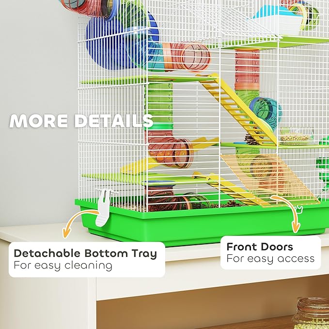 PawHut 18.5" 5 Tier Hamster Cage with Tubes and Tunnels, Small Animal Cage, Rat Gerbil Cage with Water Bottle, Food Dish, Exercise Wheel, Green