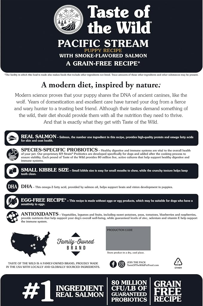 Taste of The Wild Pacific Stream Grain-Free Dry Puppy Food with Smoke-Flavored Salmon 28lb