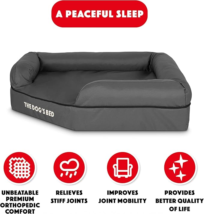 The Dog’s Bed Orthopedic Memory Foam Corner Dog Bed, Calming Surface – CertiPUR-Certified Foam, Oxford Fabric, Grey with Black Trim, Large