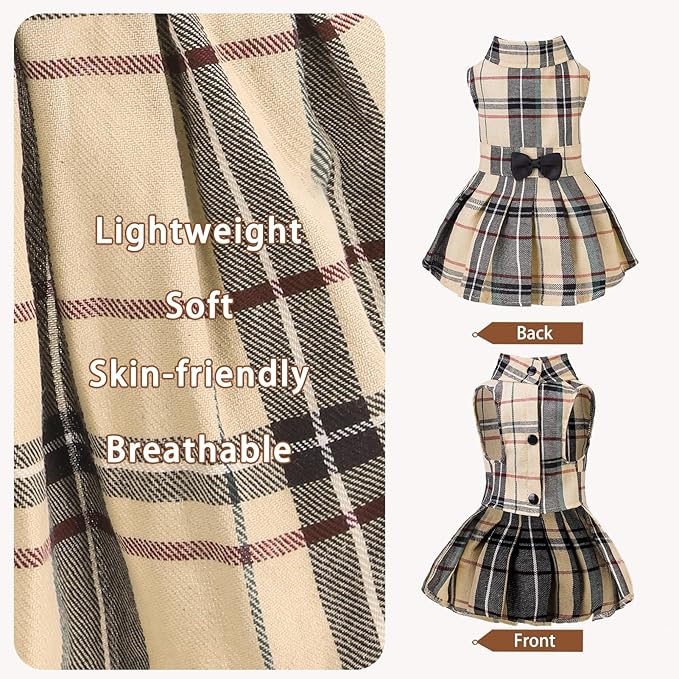 PUPTECK Classic Plaid Dog Dress Cute Puppy Clothes Outfit Small