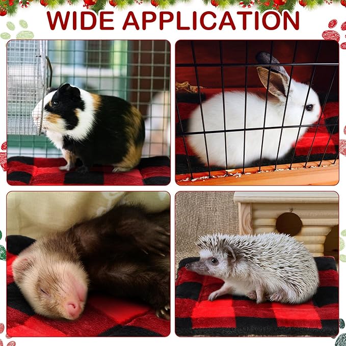 Haull 4 Pcs Waterproof Guinea Pig Bedding Guinea Pig Bed Plush Cage Liners Soft Rabbit Dog Crate Pad Cat Mat Reversible Cozy Animal Pee Pad Hamster Bunny Mat Accessory(Christmas Plaid,13 x 10 Inch)