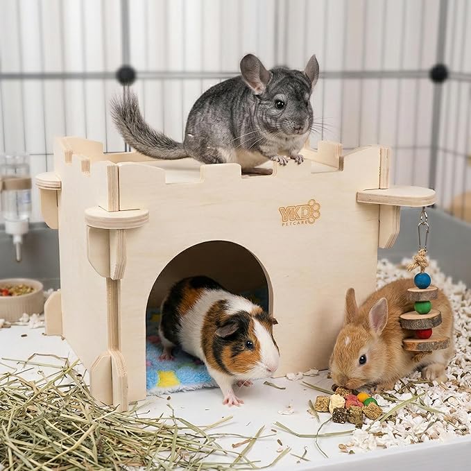 YKD Castle Chinchilla House, Small Animal Hideout for Chinchilla, Guinea Pig, Hedgehog, or Rat, Ventilated Wooden Guinea Pig Hut Habitat with Multiple Doors (Medium)