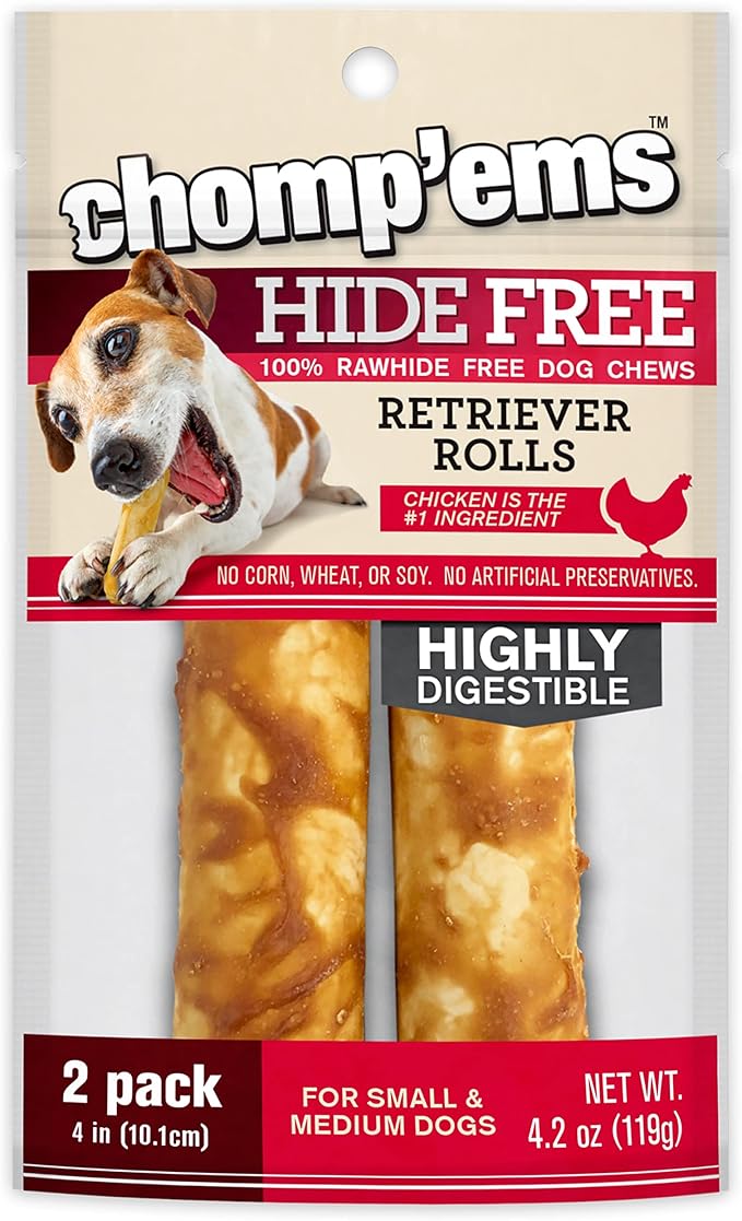 CHOMP 'EMS Chicken Hide Free Dog Chews - Rawhide Free Dog Treats - No Hide Alternative Chew Treat for All Life Stages, Roll, 4", 2 Count