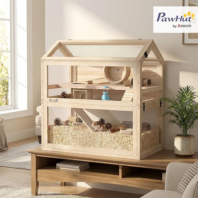 PawHut Wooden Hamster Cage, 3-Tier Small Animal Cage with Hut, Seesaw, Ramps, Exercise Wheel, Acrylic Panel and Bottom Tray, Dwarf Hamster Habitat for Small Geibil, Mice, 30" x 18" x 30"