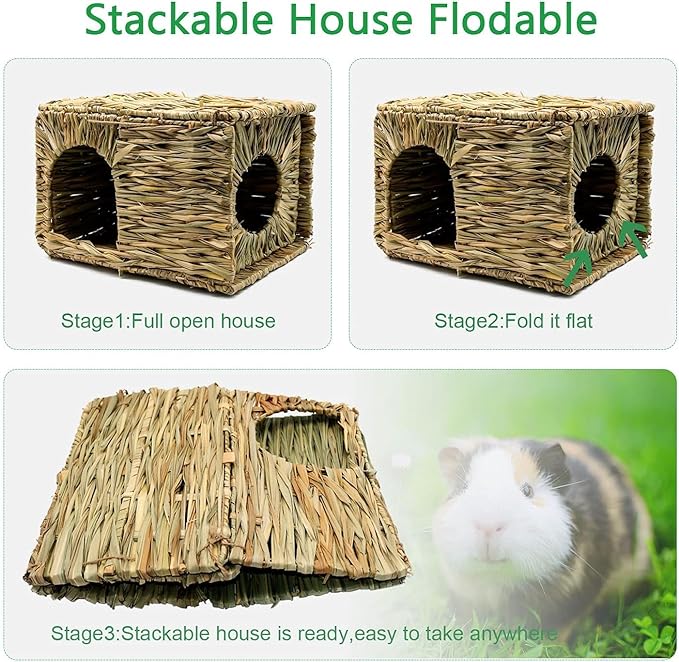 BWOGUE Large Grass House for Guinea Pigs,Hand Woven Straw Hut Foldable Small Animal Play Hideaway Bed with Double Openings Playhouse for Bunny Guinea Pig Chinchilla Ferret(2 Pack)