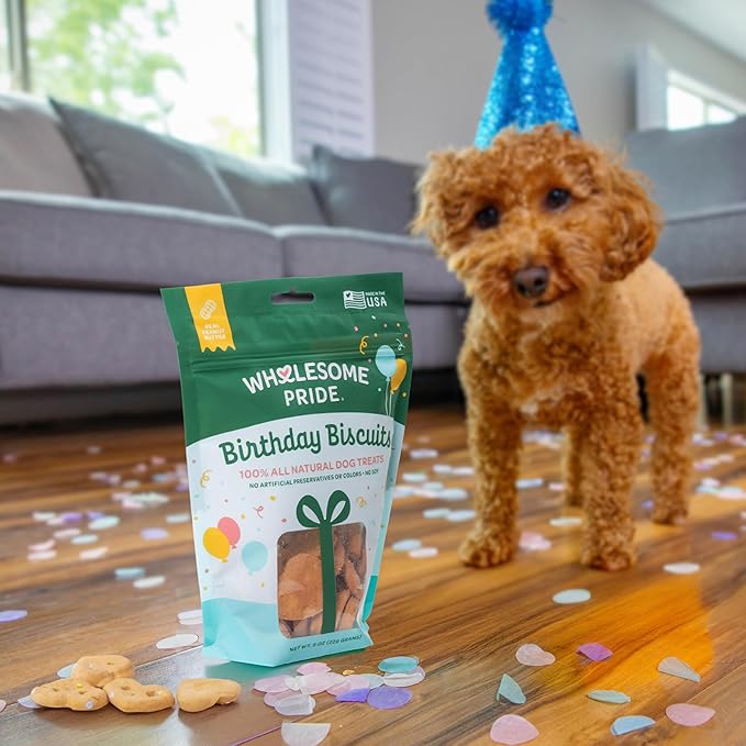 Wholesome Pride Birthday Biscuits Dog Treats, Real Peanut Butter, All Natural, No Artificial Preservatives or Colors, Crunchy Heart-Shaped Snacks, 8 oz Bag, Made in USA
