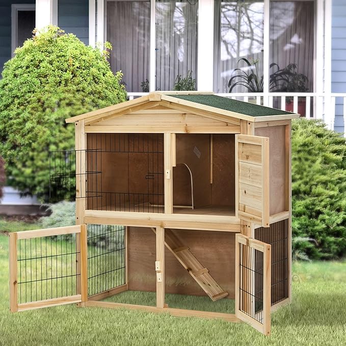 Tangkula Wood Chicken Coop and Rabbit Hutch, Indoor Outdoor Bunny Hutch with Ramp & Run, Hen Guinea Pig Cage with Waterproof Roof Ventilation Door, Pet House for Small Animals, 40 x 18.5 x 35.5 Inch